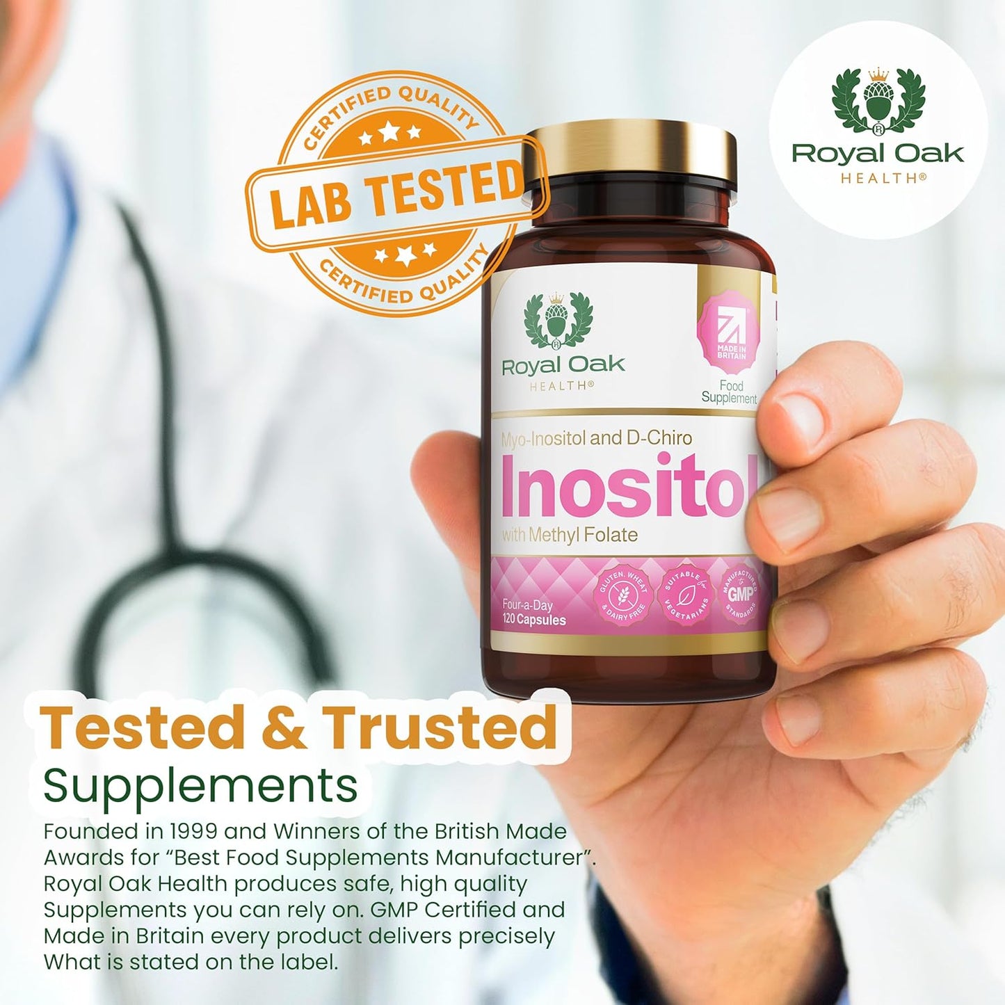 Myo Inositol 2,200Mg and D-Chiro Myo Inositol Capsules with Folate PCOS & Ovulation Support (120 Capsules)