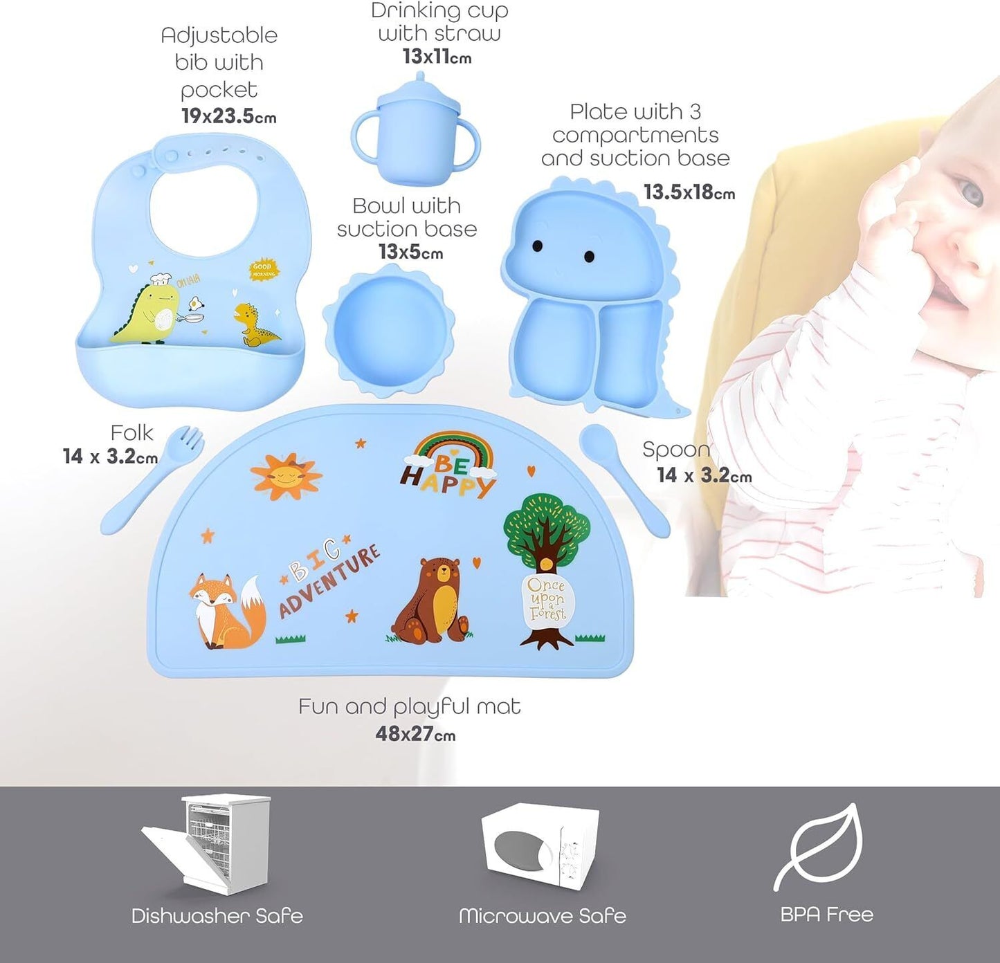 Silicone Baby Feeding Set Includes Bowl, Plate Spoon, Fork & Cup BPA Free