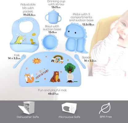 Silicone Baby Feeding Set Includes Bowl, Plate Spoon, Fork & Cup BPA Free