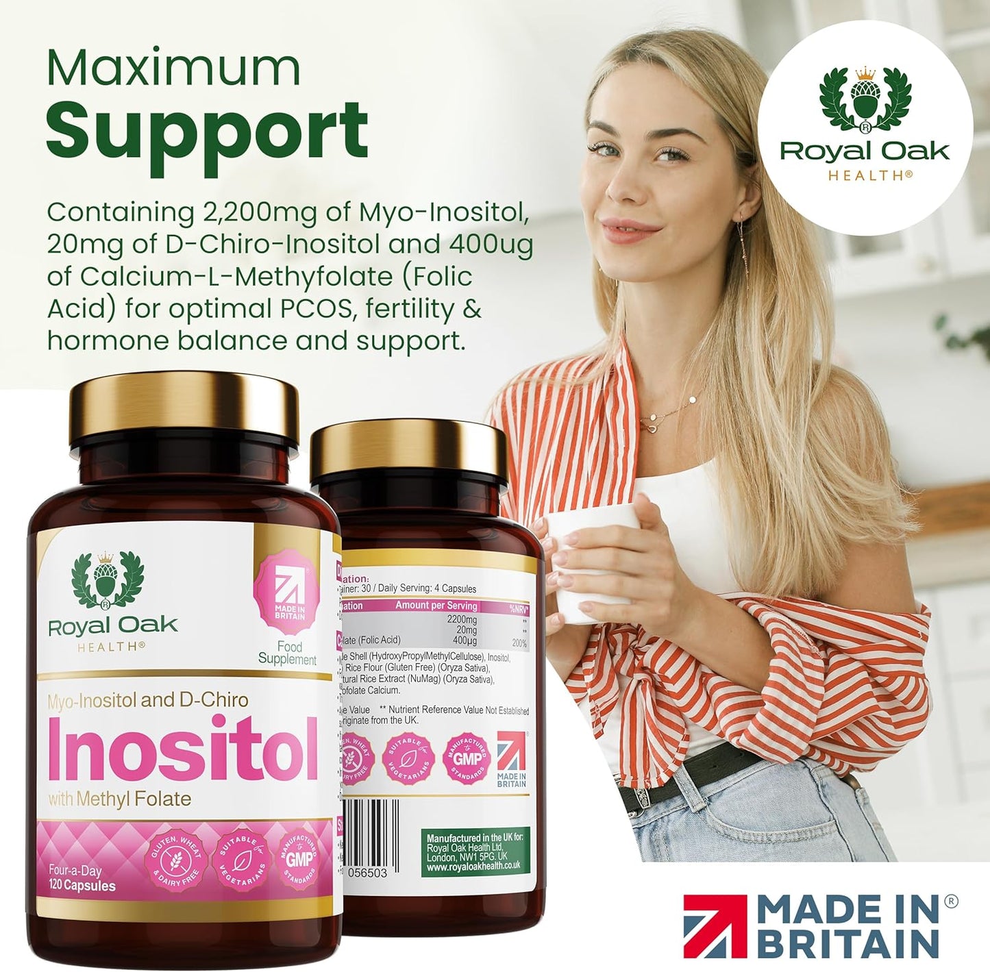 Myo Inositol 2,200Mg and D-Chiro Myo Inositol Capsules with Folate PCOS & Ovulation Support (120 Capsules)
