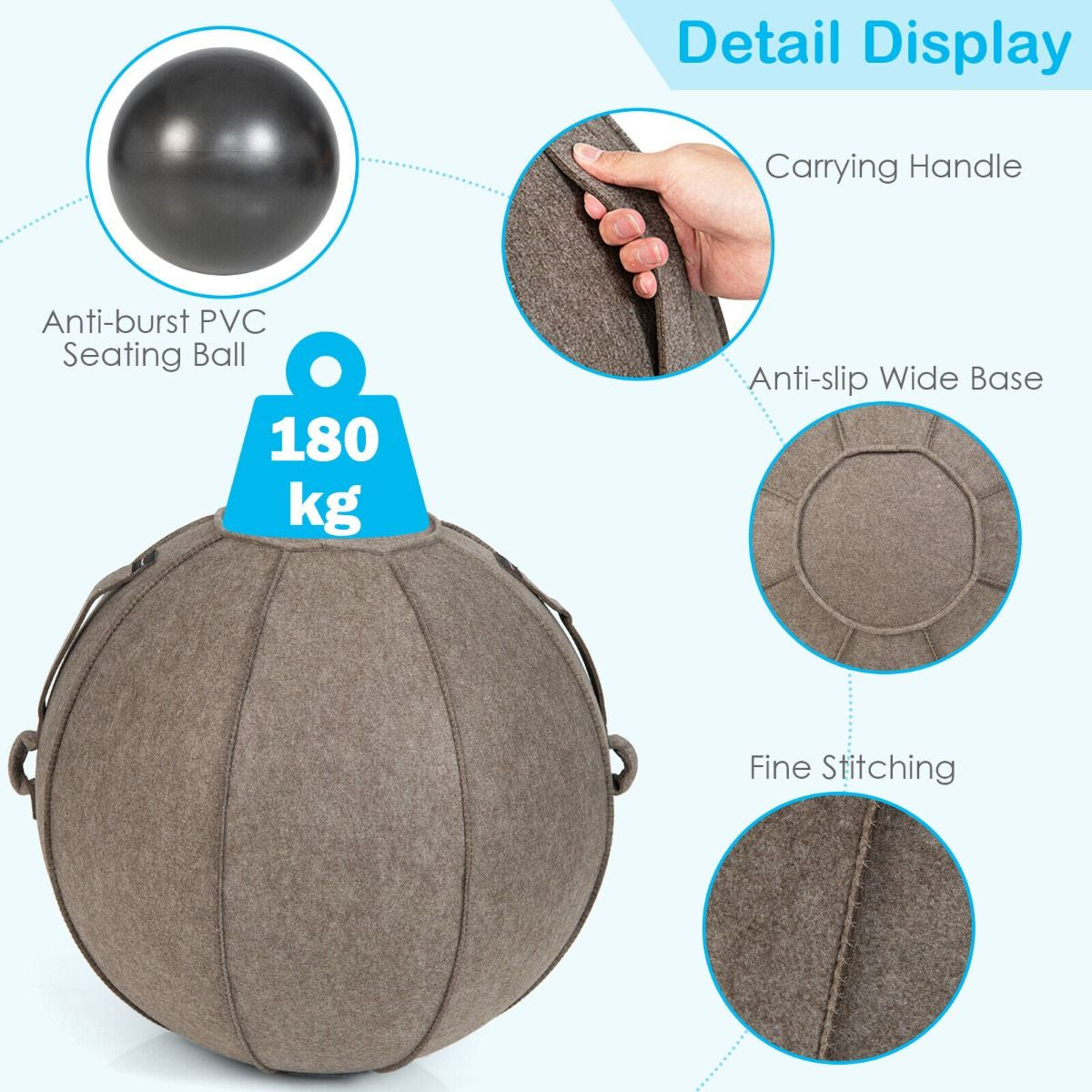 Anti-Burst Exercise Ball with Protective Cover, Handle, and Resistance Bands