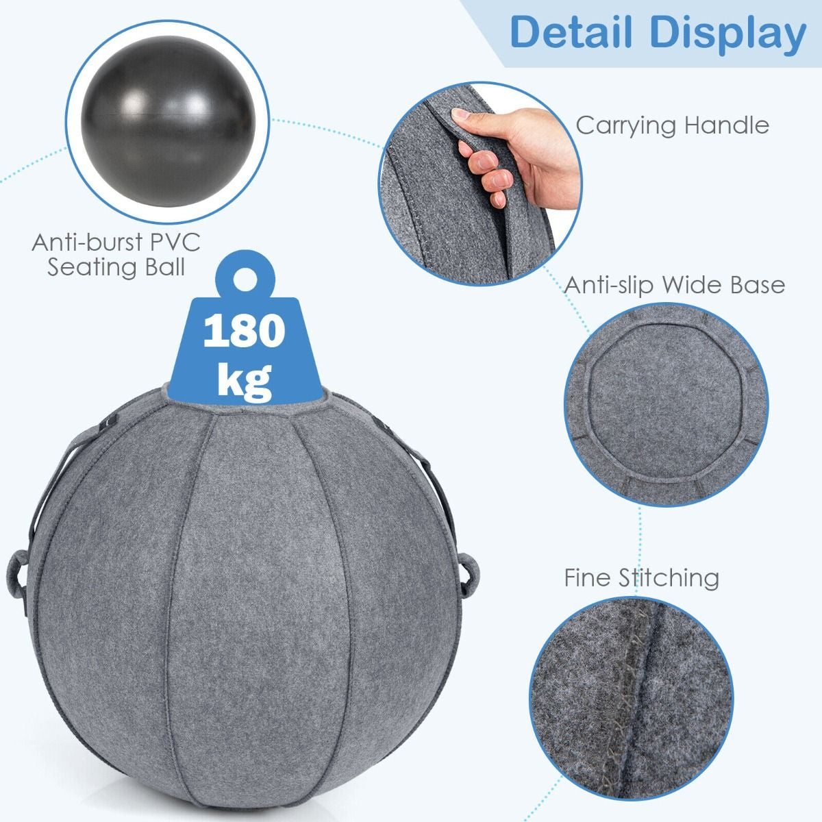Anti-Burst Exercise Ball with Protective Cover, Handle, and Resistance Bands