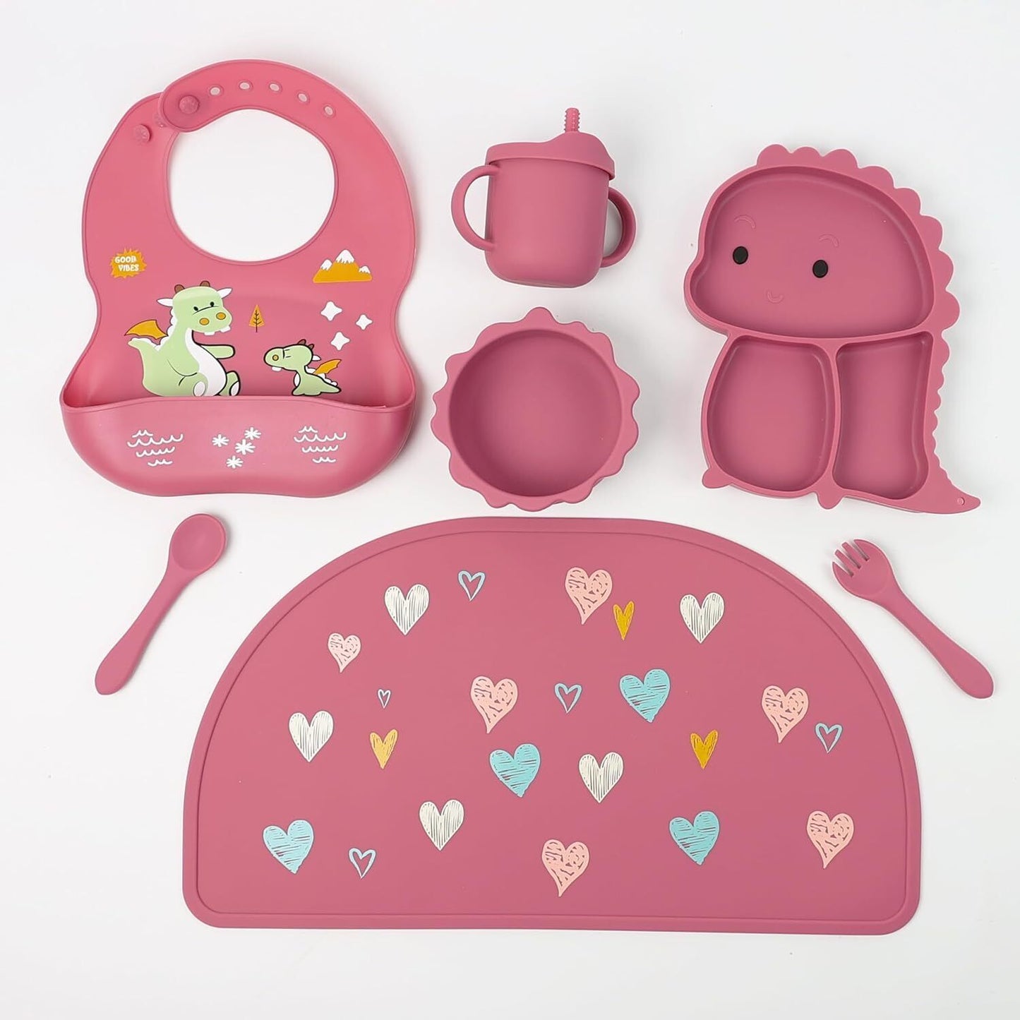 Silicone Baby Feeding Set Includes Bowl, Plate Spoon, Fork & Cup BPA Free