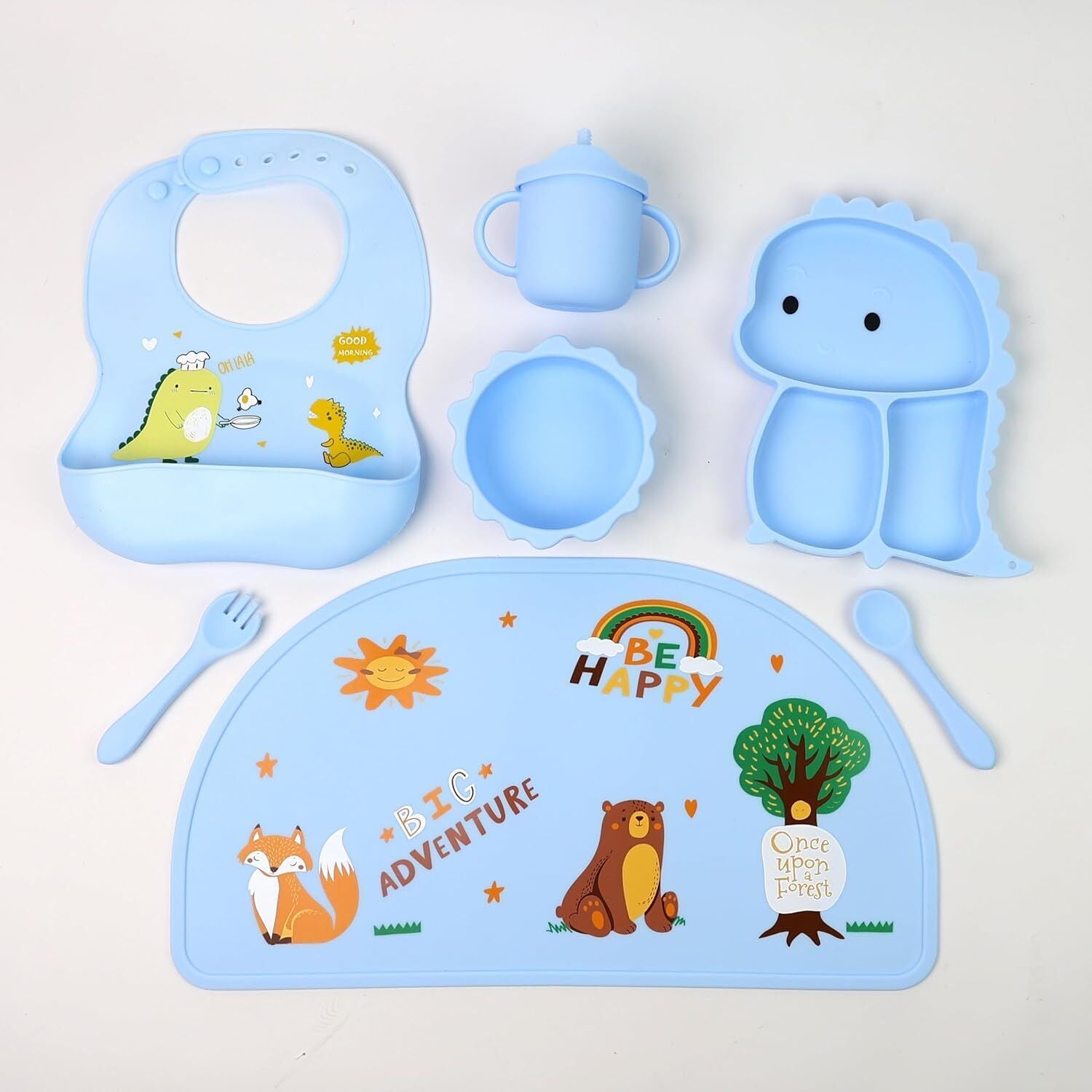 Silicone Baby Feeding Set Includes Bowl, Plate Spoon, Fork & Cup BPA Free
