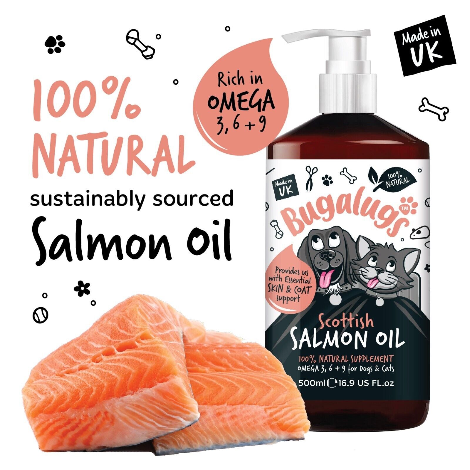 Bugalugs Dog Salmon Oil 100% Pure Dogs, Cats & Pets 500Ml, Healthy Skin & Coat