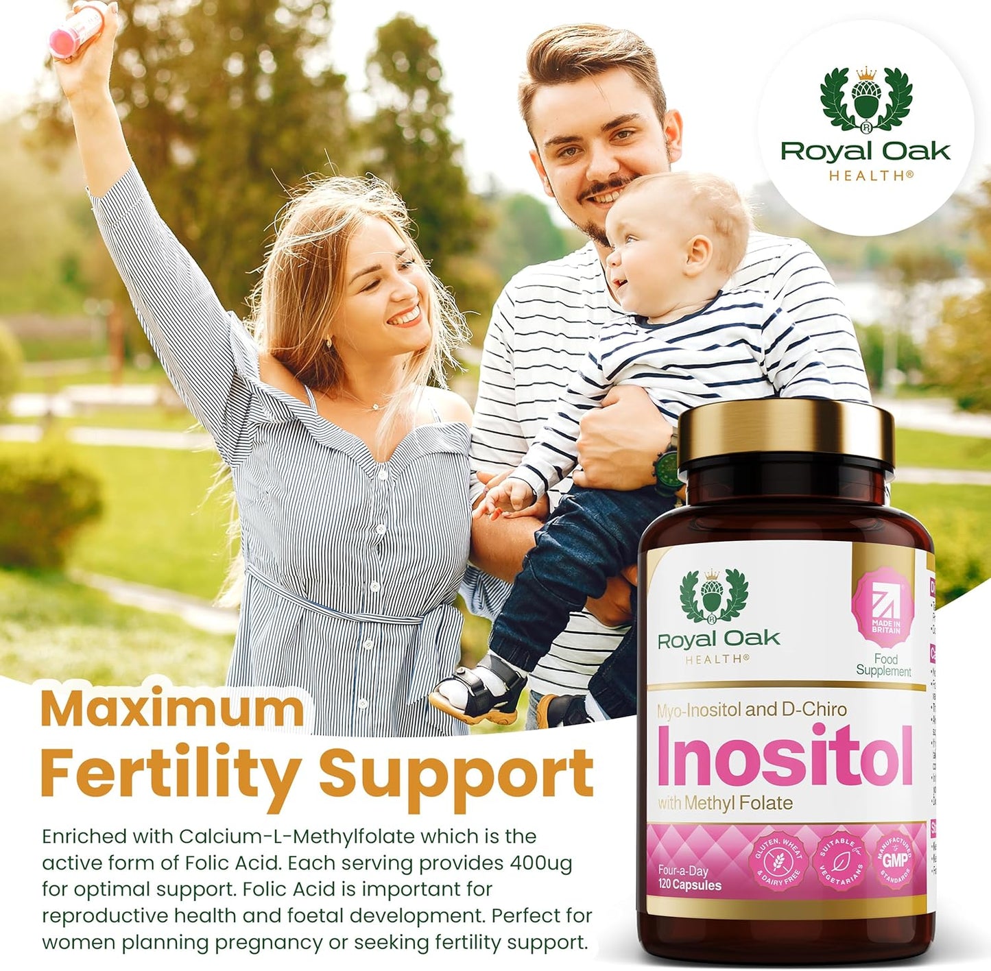 Myo Inositol 2,200Mg and D-Chiro Myo Inositol Capsules with Folate PCOS & Ovulation Support (120 Capsules)