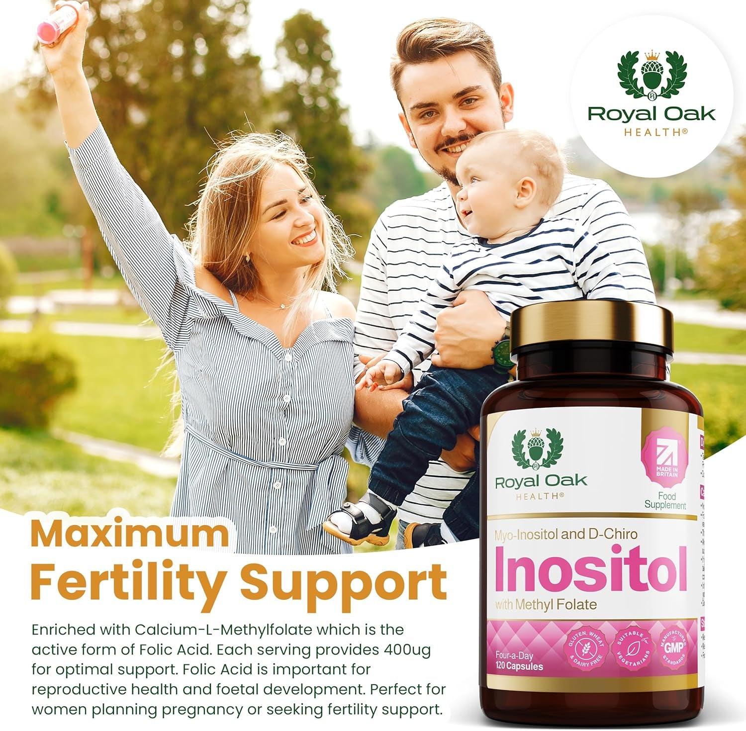 Myo Inositol 2,200Mg and D-Chiro Myo Inositol Capsules with Folate PCOS & Ovulation Support (120 Capsules)