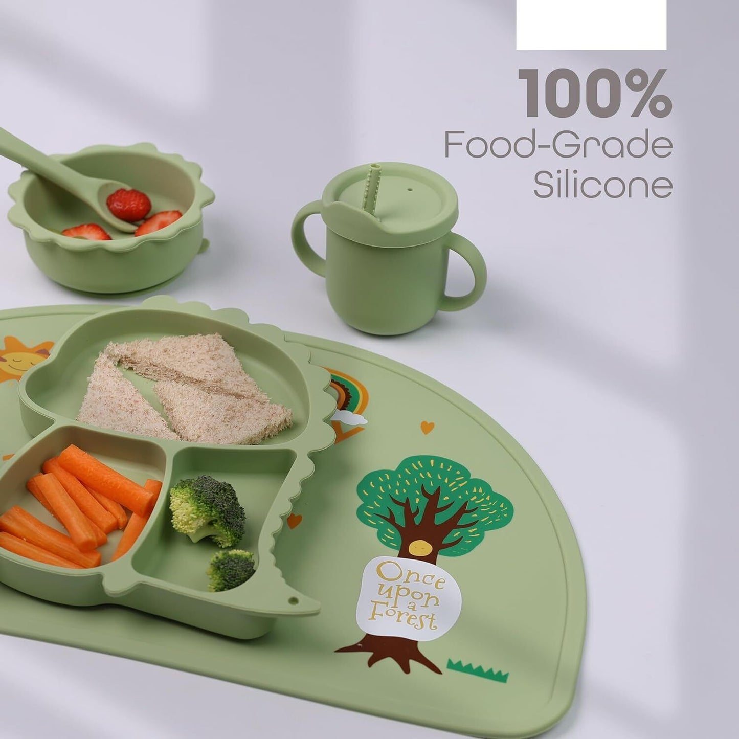 Silicone Baby Feeding Set Includes Bowl, Plate Spoon, Fork & Cup BPA Free