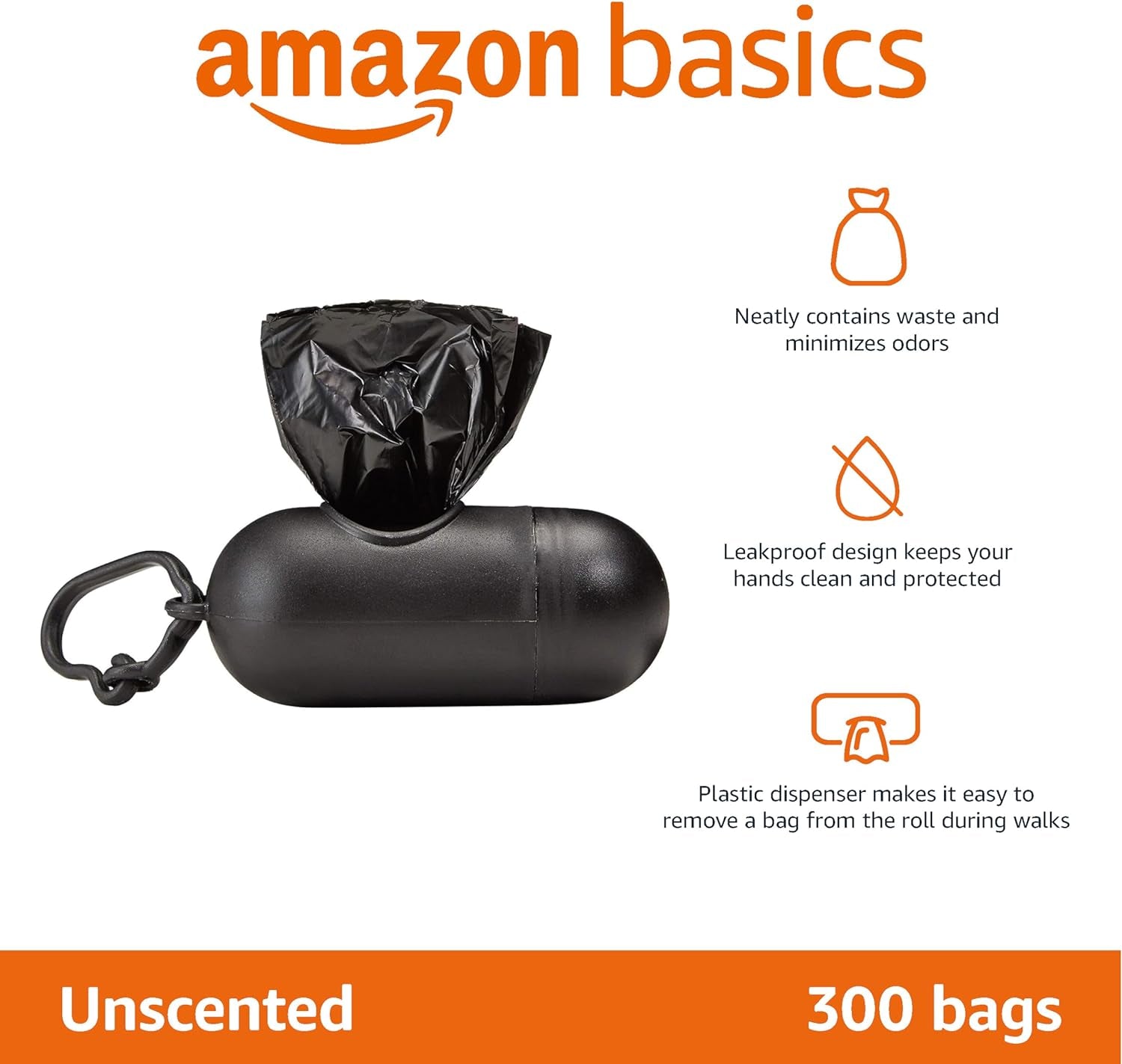 Dog Waste Bags with Dispenser and Leash Clip, Unscented, 300 Count (20 Packs of 15 Bags)