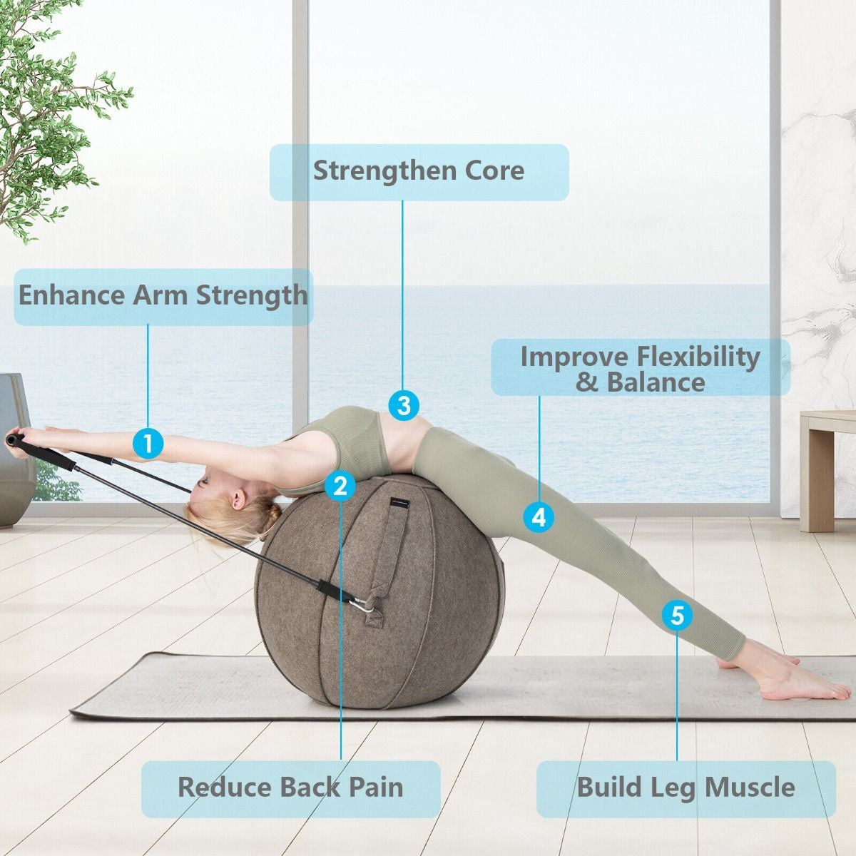 Anti-Burst Exercise Ball with Protective Cover, Handle, and Resistance Bands