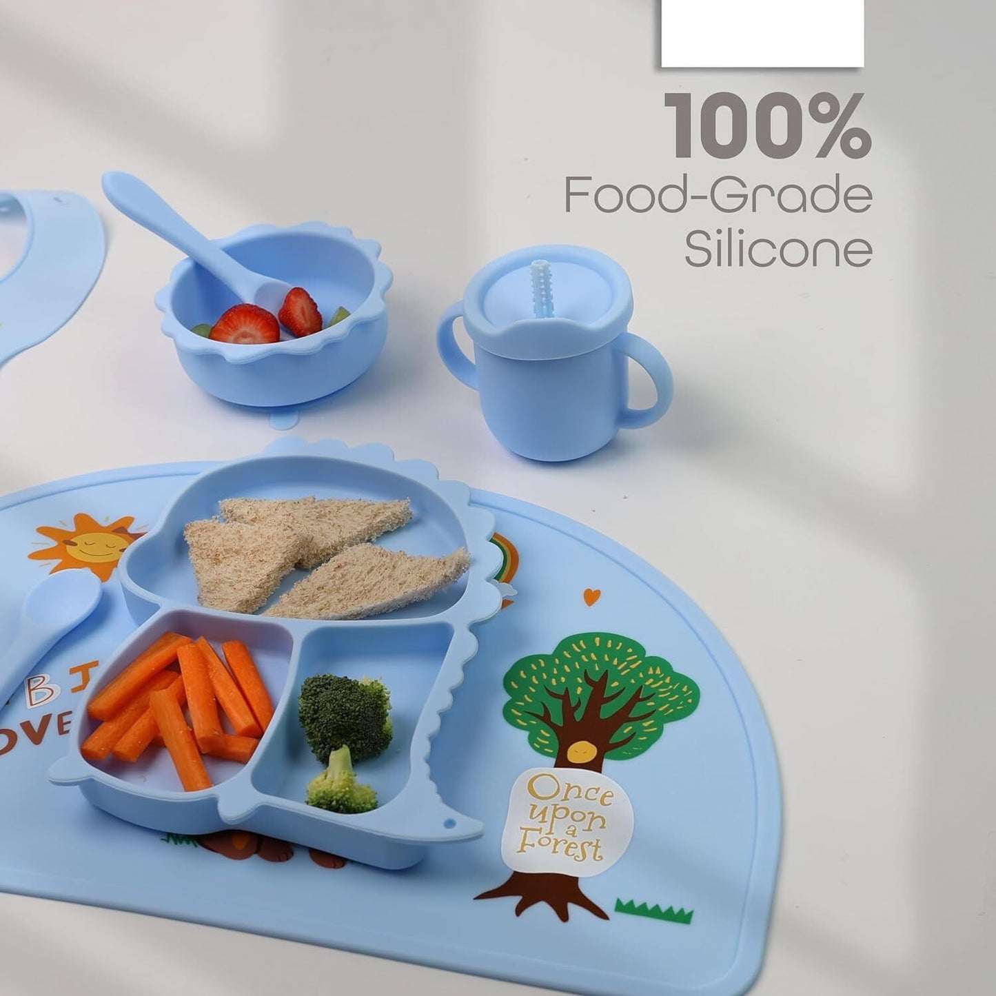 Silicone Baby Feeding Set Includes Bowl, Plate Spoon, Fork & Cup BPA Free