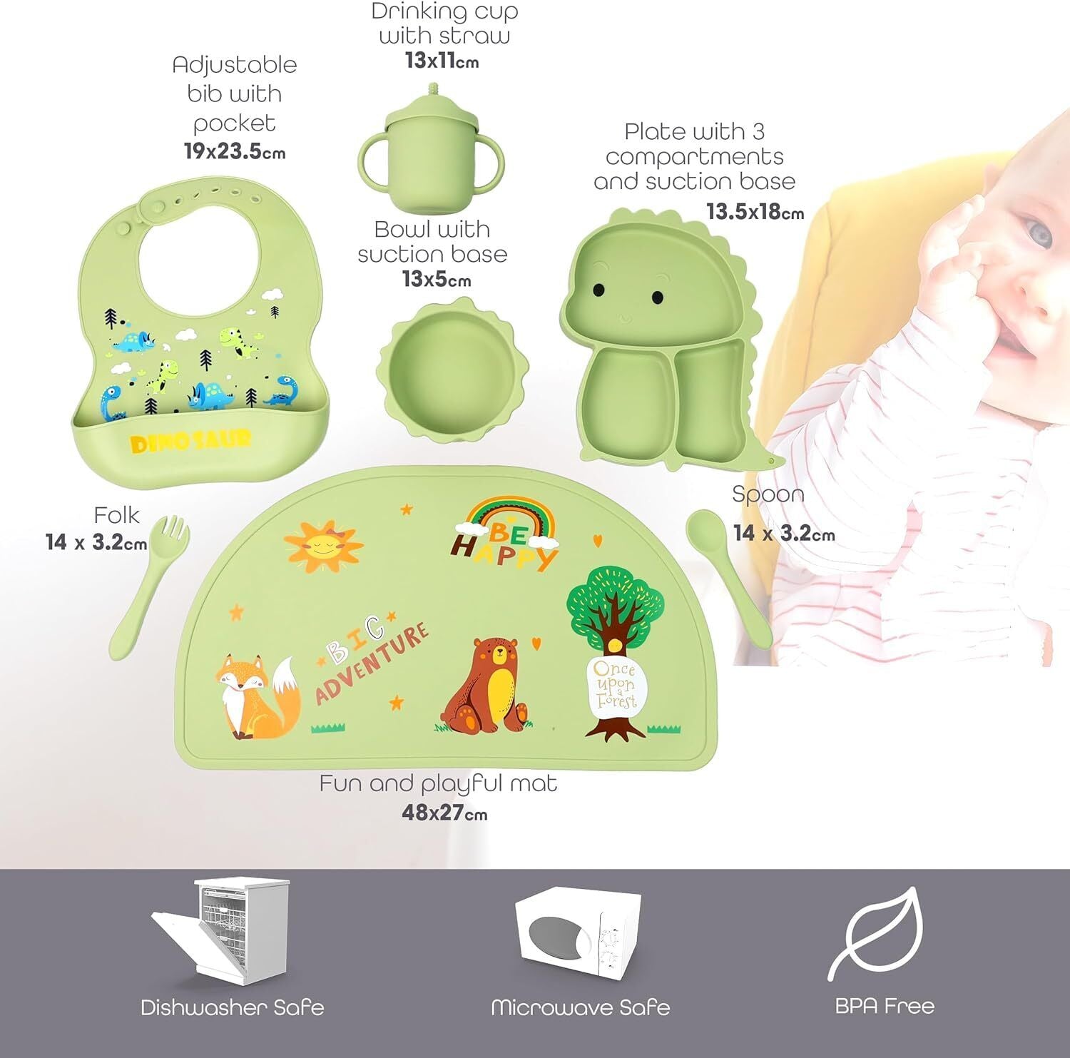 Silicone Baby Feeding Set Includes Bowl, Plate Spoon, Fork & Cup BPA Free
