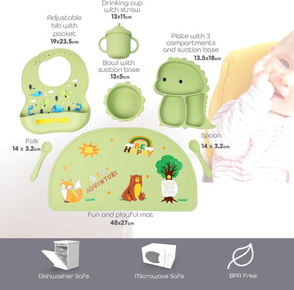 Silicone Baby Feeding Set Includes Bowl, Plate Spoon, Fork & Cup BPA Free