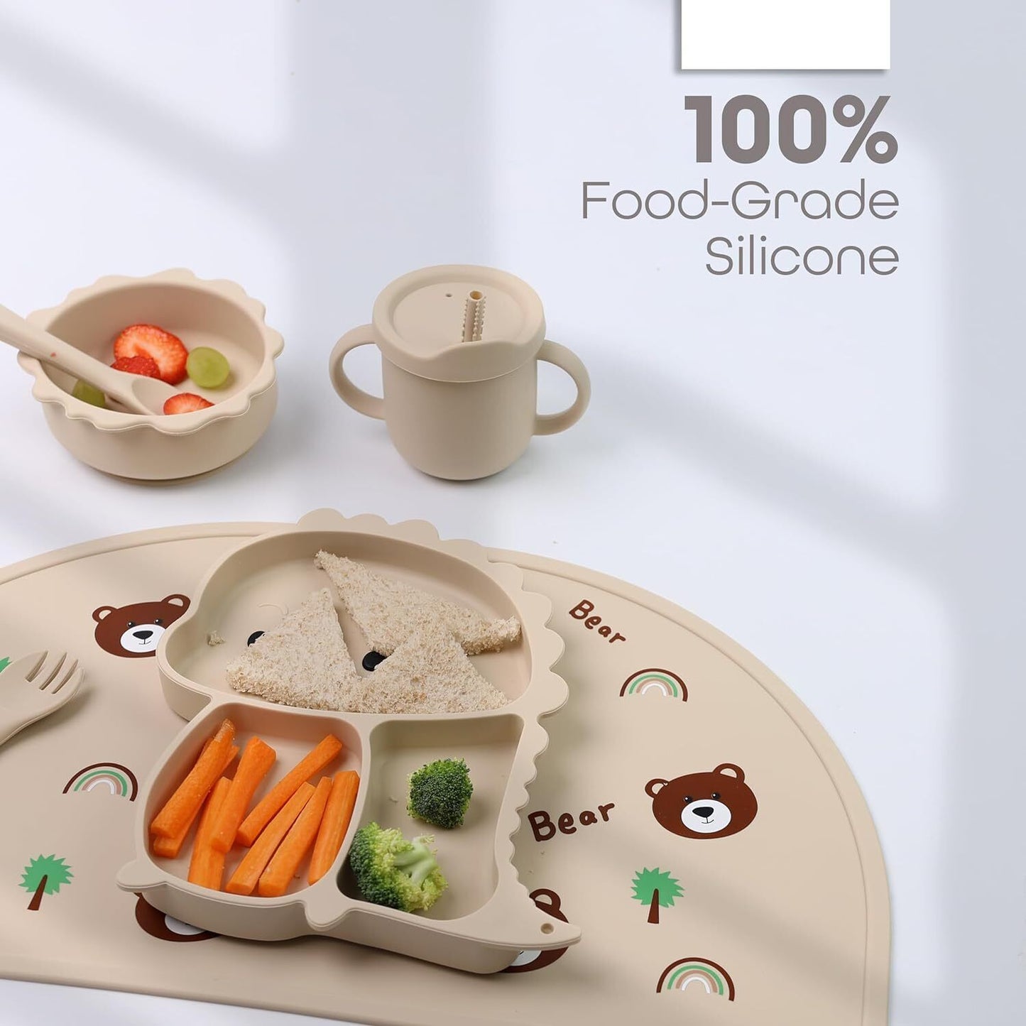 Silicone Baby Feeding Set Includes Bowl, Plate Spoon, Fork & Cup BPA Free