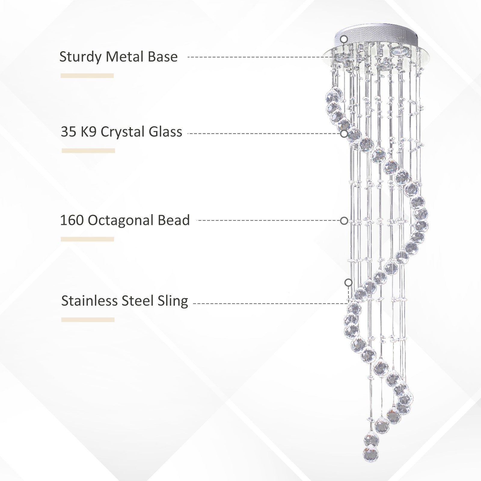 Modern Crystal Droplet Ceiling Light Spiral Cascading Chandelier Lamp Bedroom