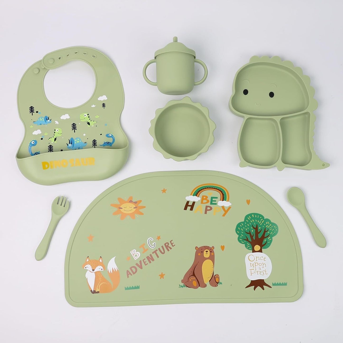 Silicone Baby Feeding Set Includes Bowl, Plate Spoon, Fork & Cup BPA Free