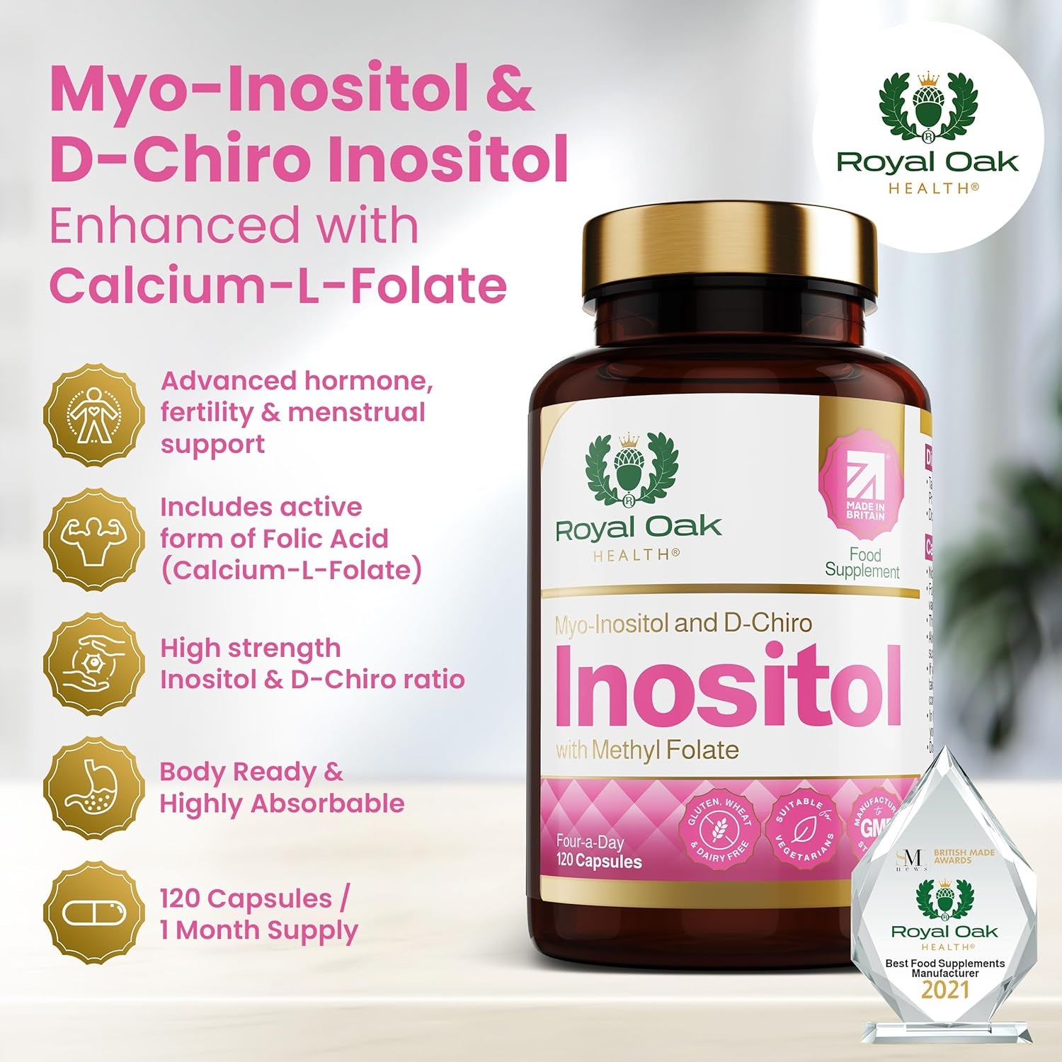 Myo Inositol 2,200Mg and D-Chiro Myo Inositol Capsules with Folate PCOS & Ovulation Support (120 Capsules)