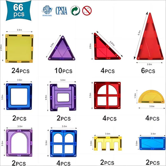 Magblock 66-Piece Magnetic Building Block Set - Construction Tiles for Children Aged 3-10 - Montessori Educational Toy