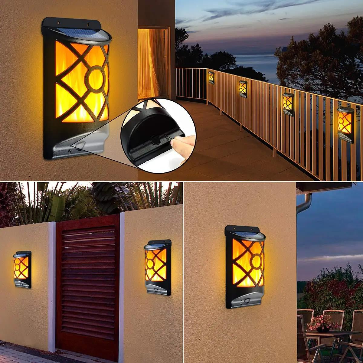 Outdoor Solar LED Wall Light with Flickering Flame for Garden, Patio, and Deck - Dusk to Dawn Operation