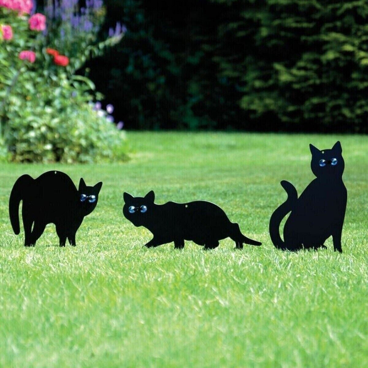 3X Black Cat Silhouette for Garden | Cats Scarer with Marble Eyes | Harmless Bir