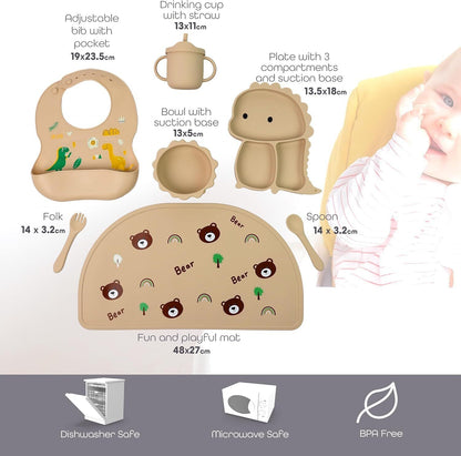 Silicone Baby Feeding Set Includes Bowl, Plate Spoon, Fork & Cup BPA Free