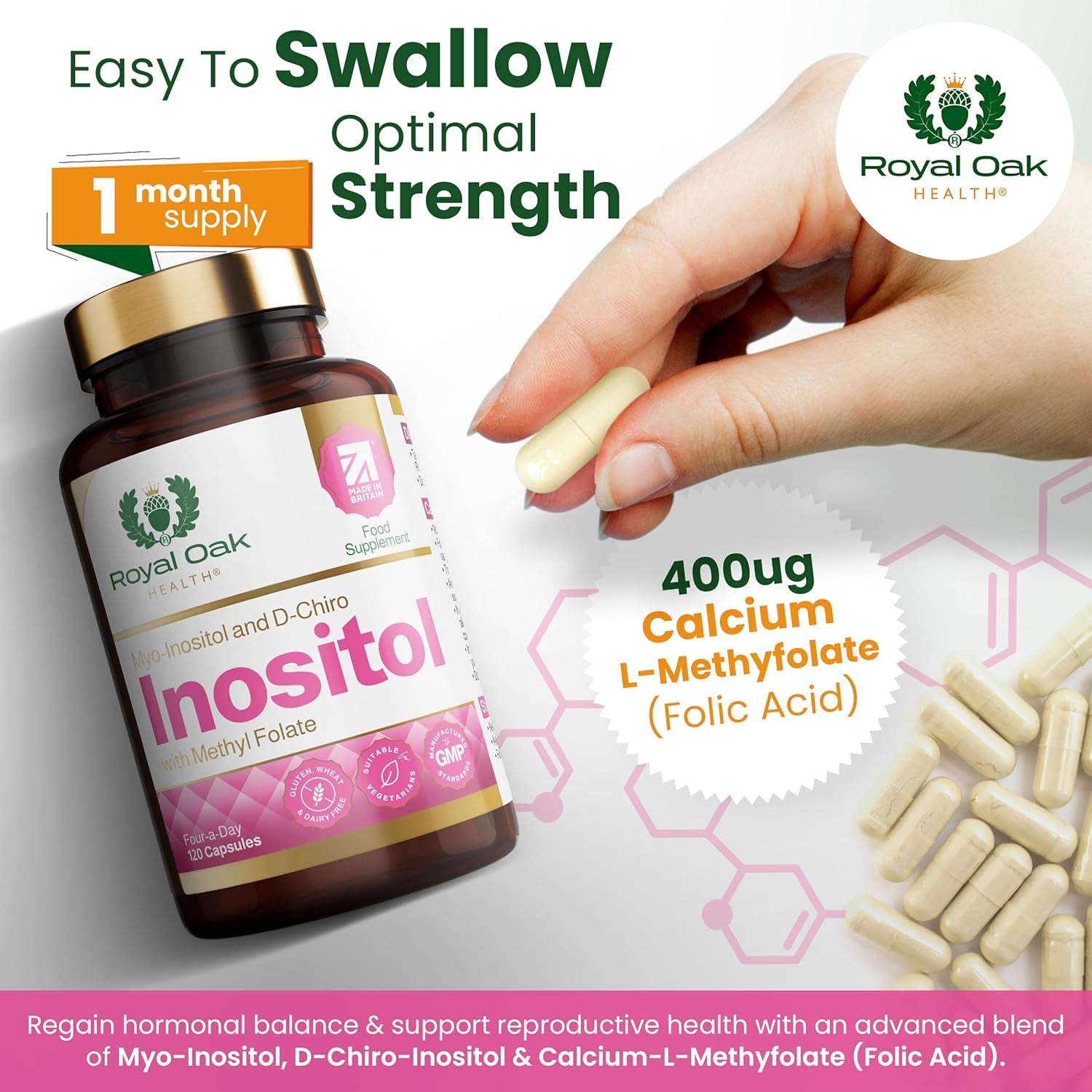 Myo Inositol 2,200Mg and D-Chiro Myo Inositol Capsules with Folate PCOS & Ovulation Support (120 Capsules)