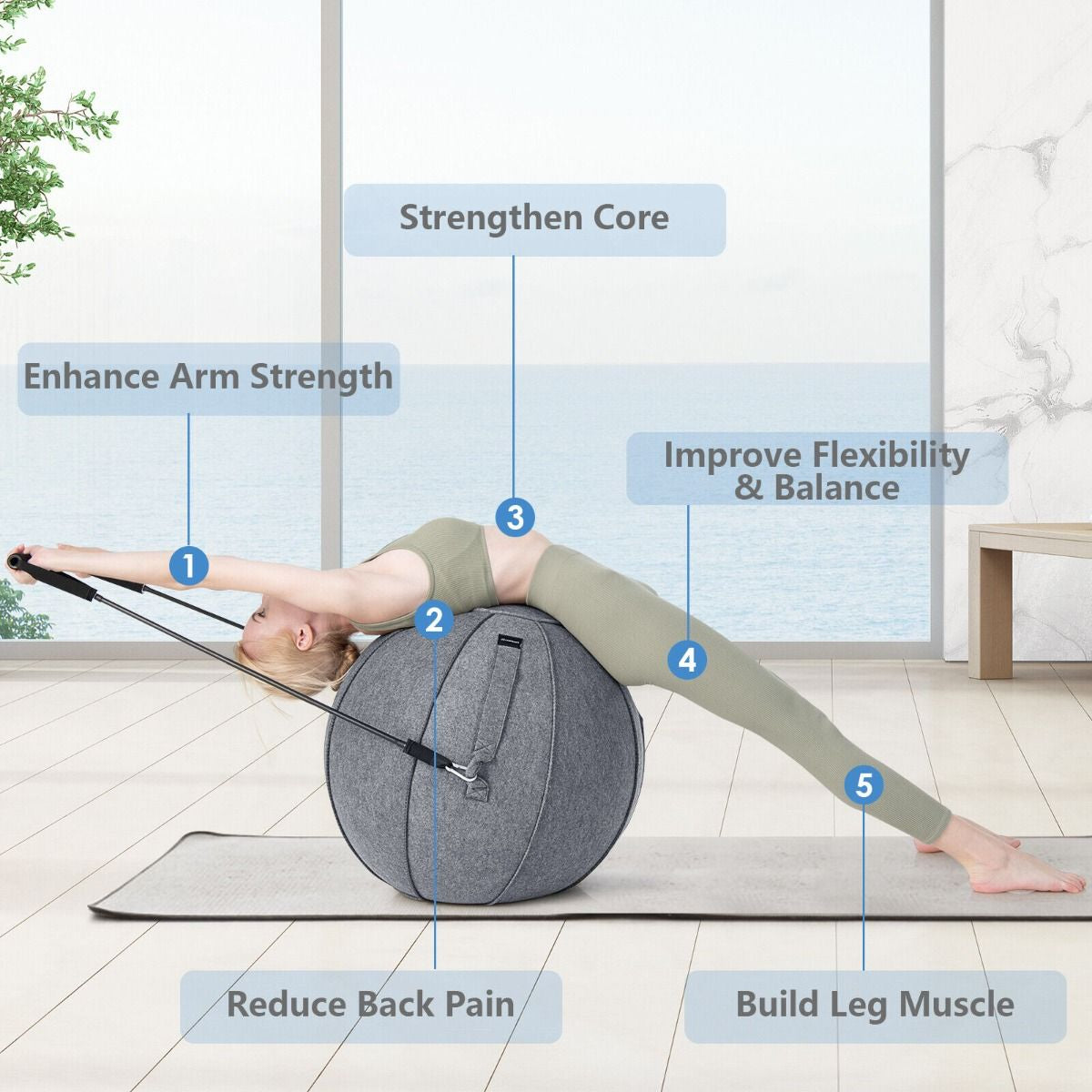 Anti-Burst Exercise Ball with Protective Cover, Handle, and Resistance Bands