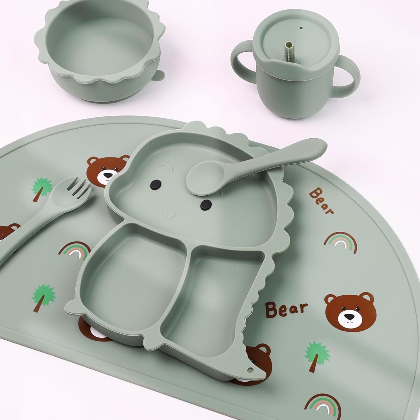 Silicone Baby Feeding Set Includes Bowl, Plate Spoon, Fork & Cup BPA Free