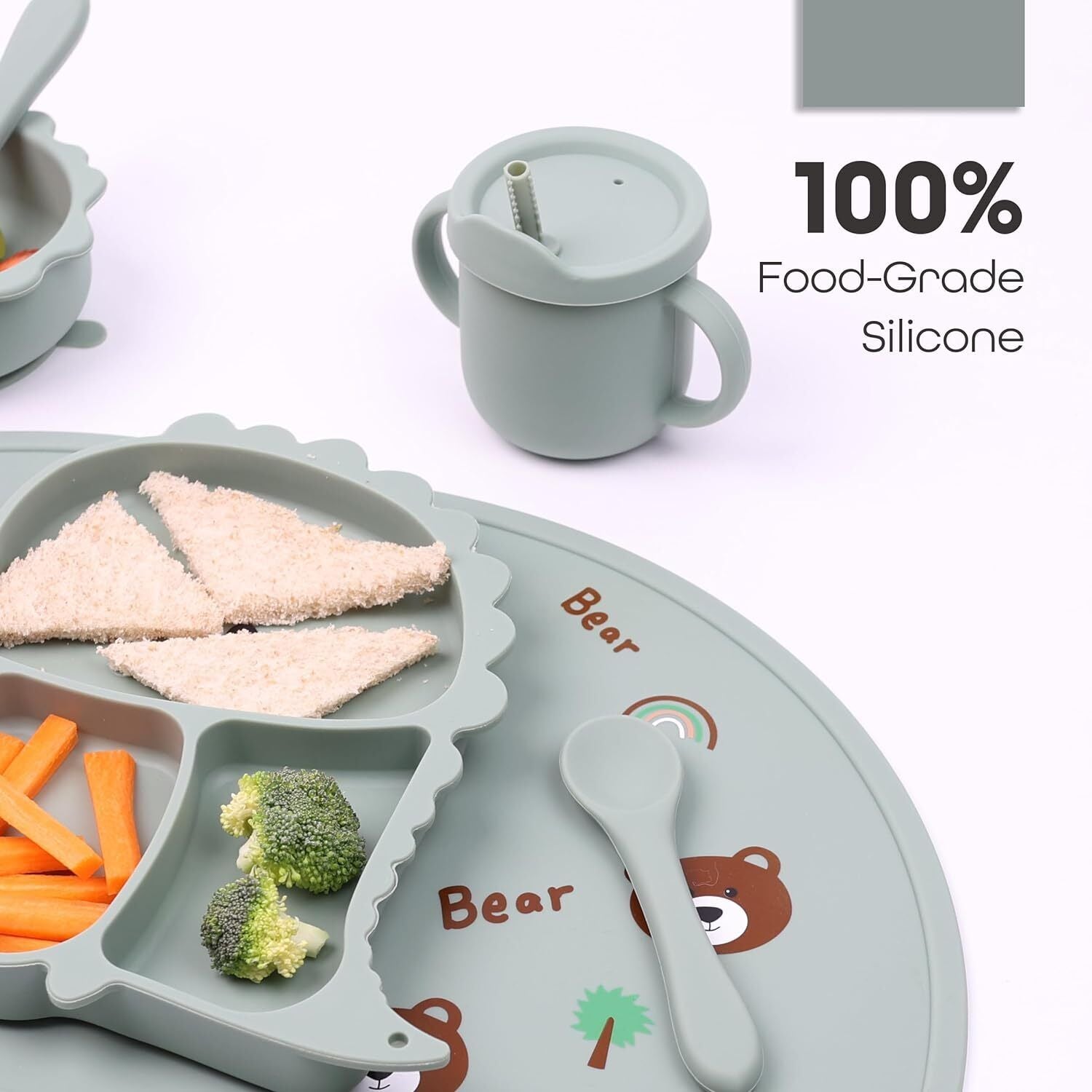 Silicone Baby Feeding Set Includes Bowl, Plate Spoon, Fork & Cup BPA Free