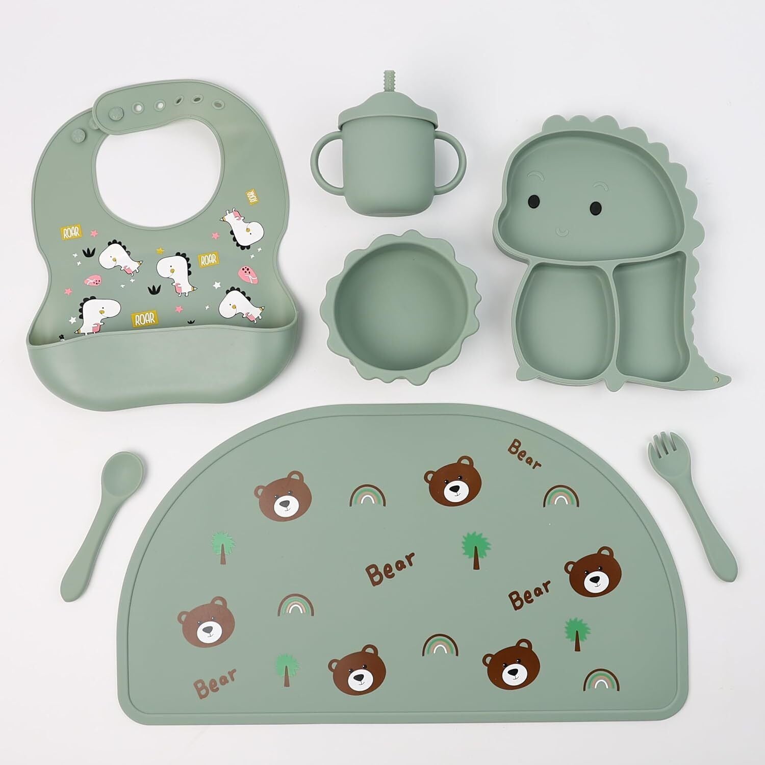 Silicone Baby Feeding Set Includes Bowl, Plate Spoon, Fork & Cup BPA Free