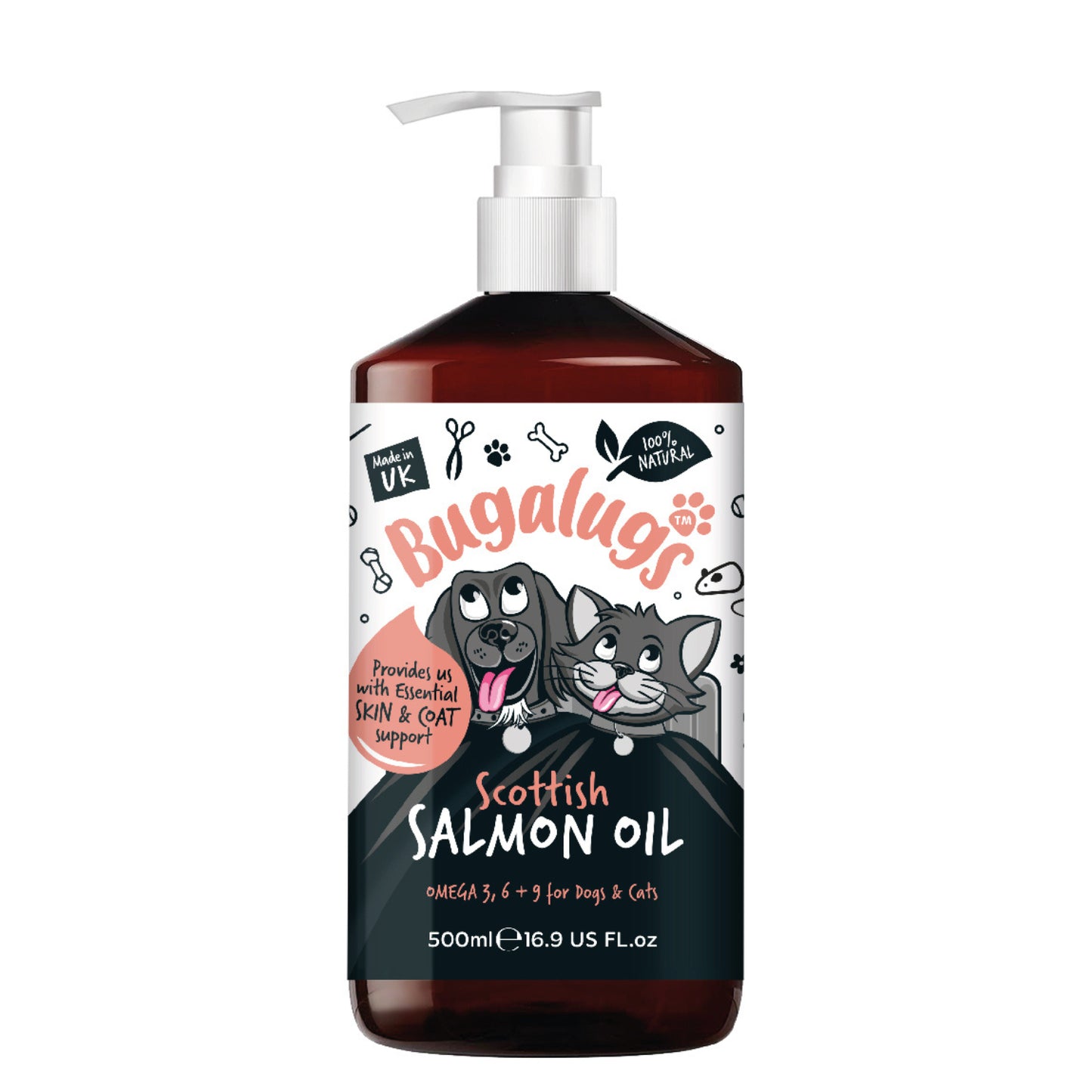 Bugalugs Dog Salmon Oil 100% Pure Dogs, Cats & Pets 500Ml, Healthy Skin & Coat