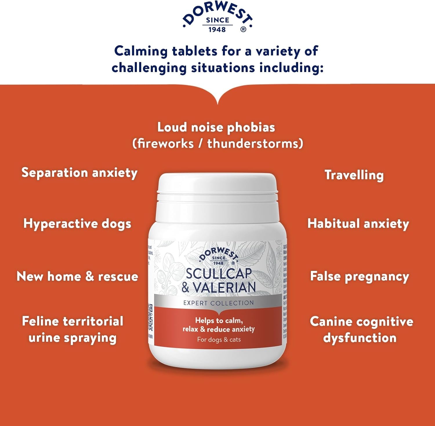 Dorwest Herbs Scullcap & Valerian Calming Tablets for Dogs and Cats, 100 Tablets